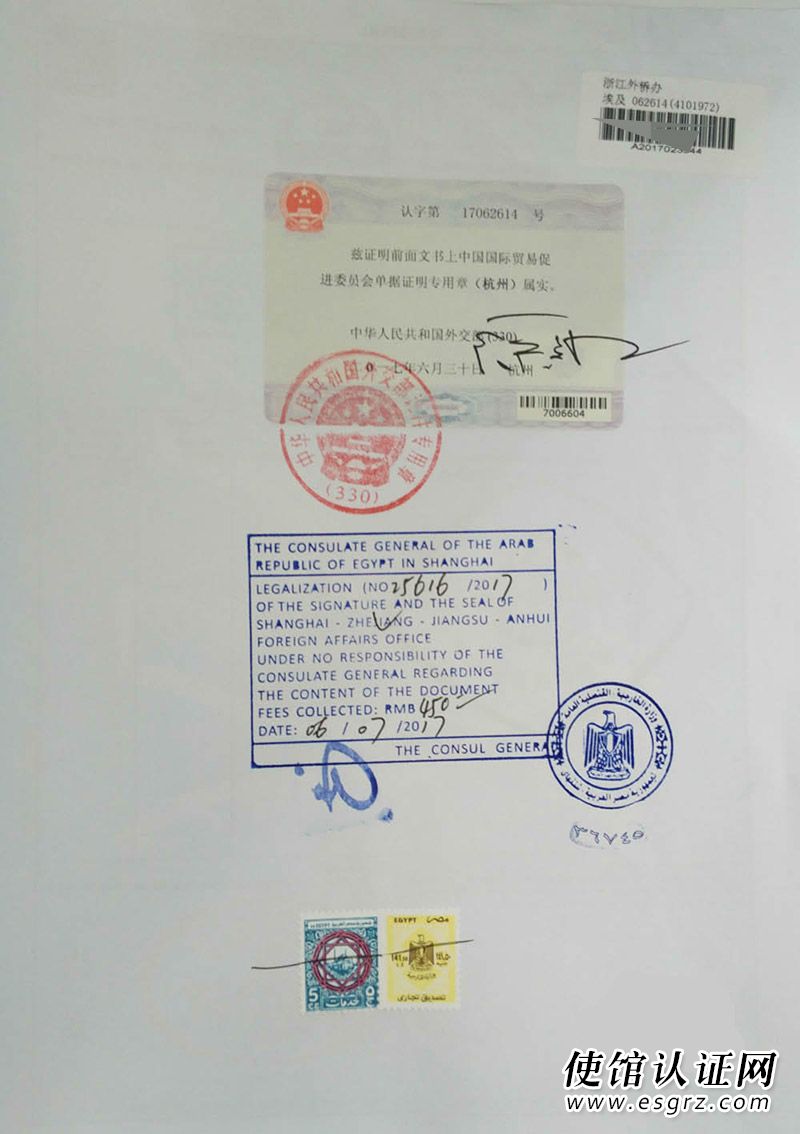 埃及大使馆公证认证样本