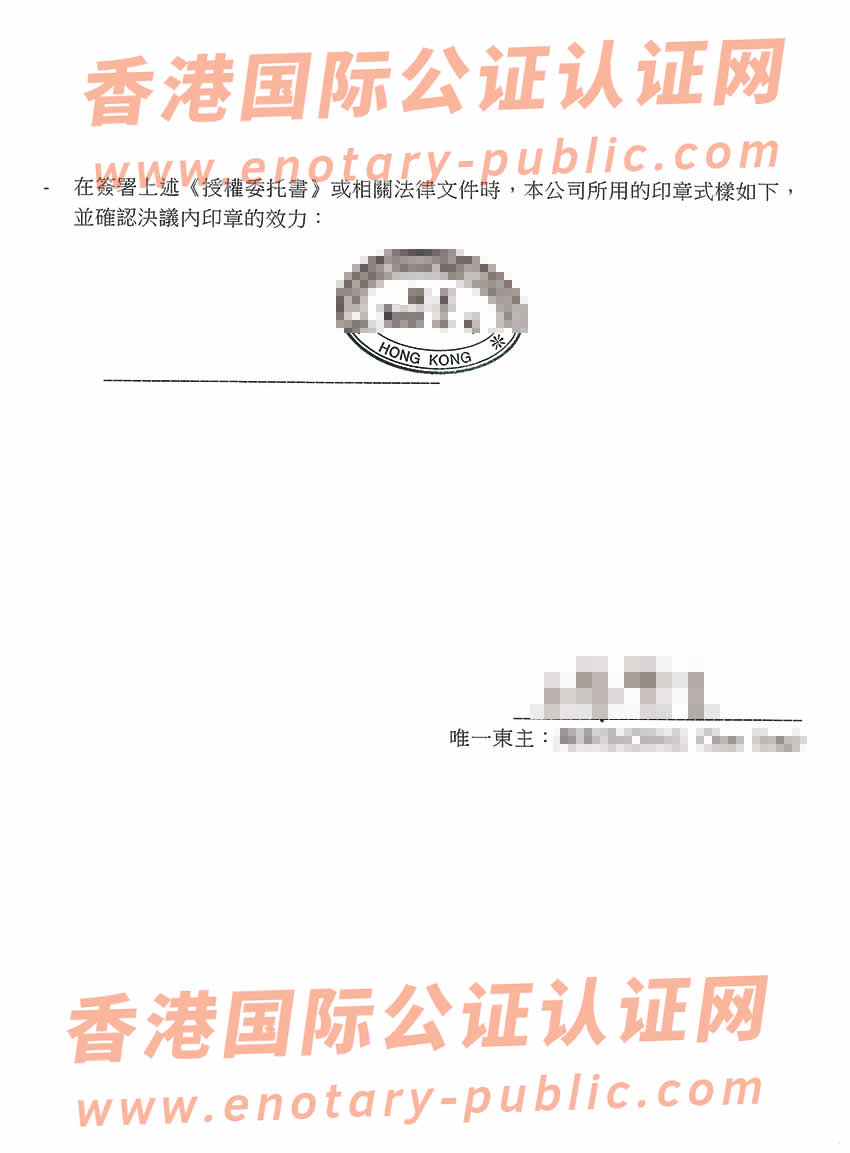 香港无限公司唯一东主决议公证书样本用于在惠州市办理股权质押